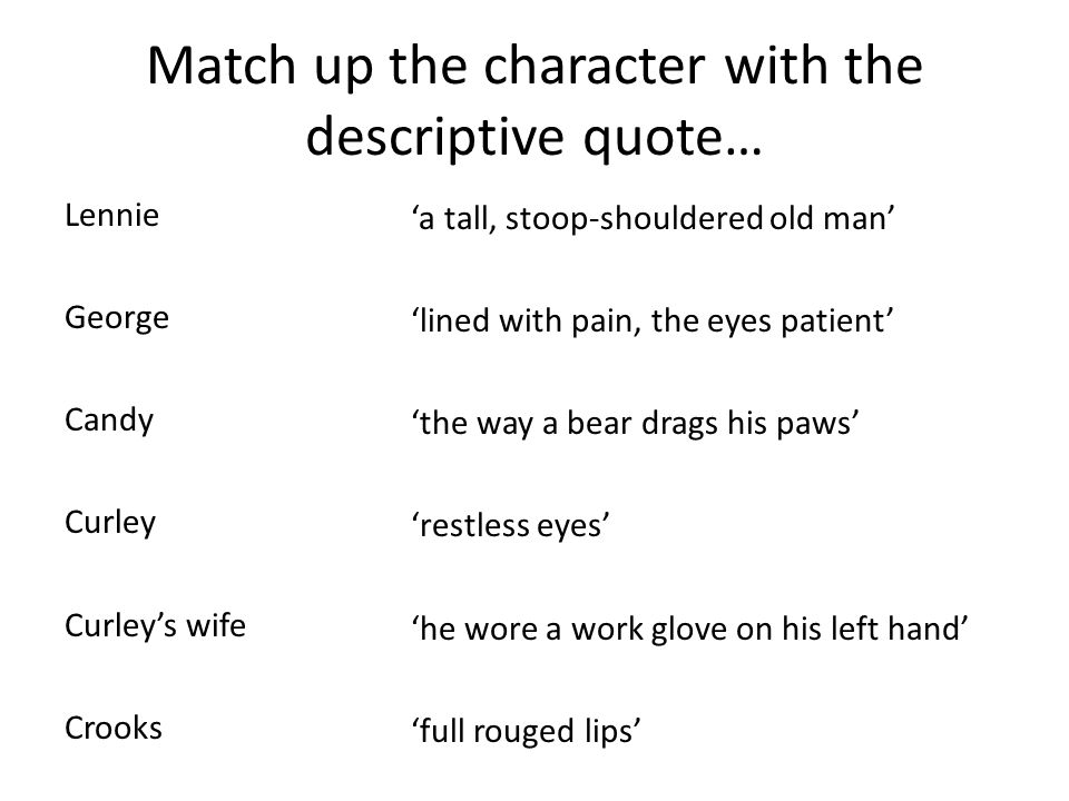 Of Mice And Men' Revision Quiz. Match up these characters with descriptions  of what they are like… Candy Lennie Slim Crooks George Curley Small, sharp.  - ppt download