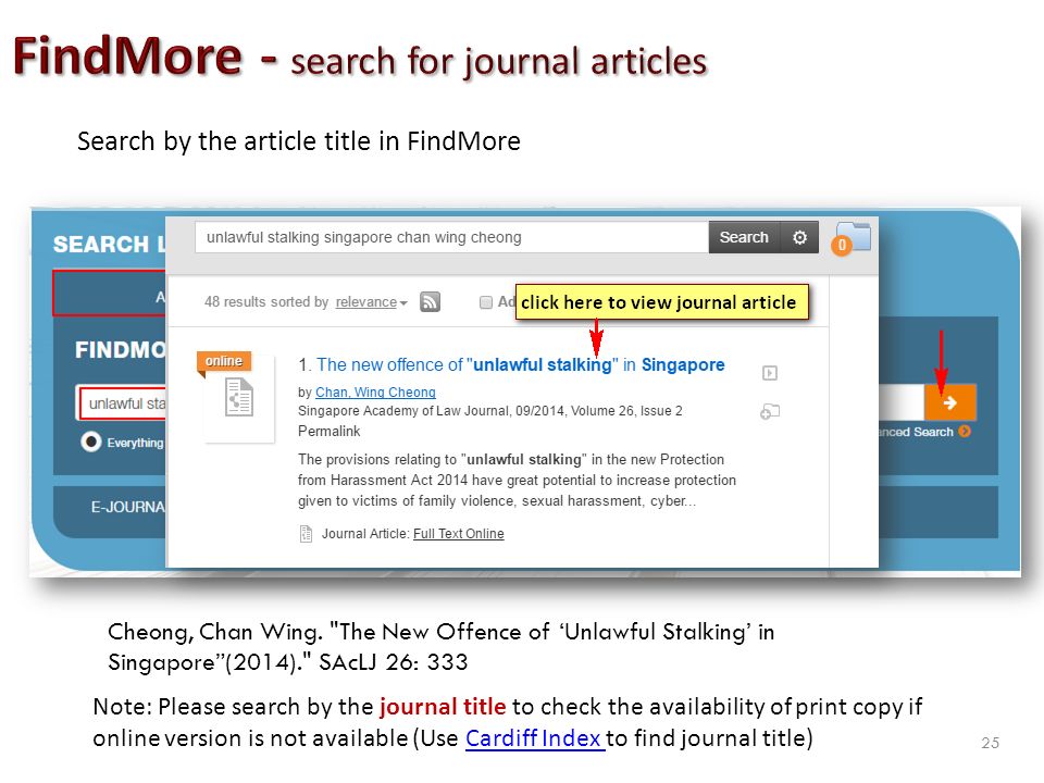 Search by the article title in FindMore Note: Please search by the journal title to check the availability of print copy if online version is not available (Use Cardiff Index to find journal title)Cardiff Index Cheong, Chan Wing.