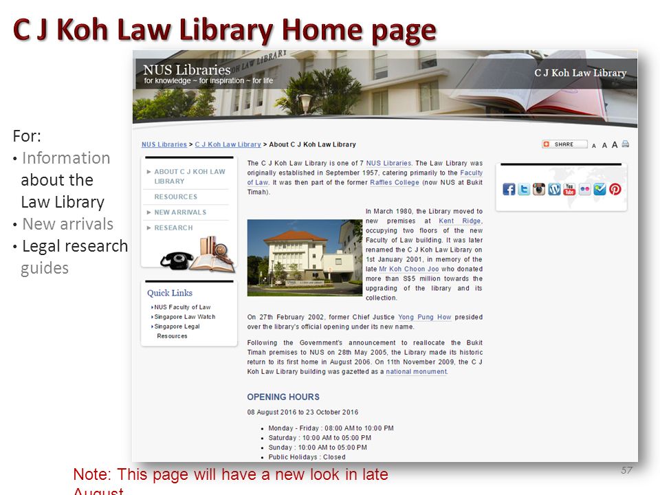For: Information about the Law Library New arrivals Legal research guides Note: This page will have a new look in late August 57