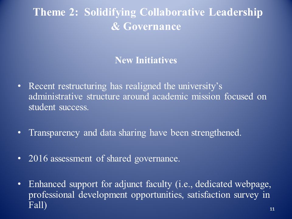 Theme 2: Solidifying Collaborative Leadership & Governance New Initiatives Recent restructuring has realigned the university’s administrative structure around academic mission focused on student success.