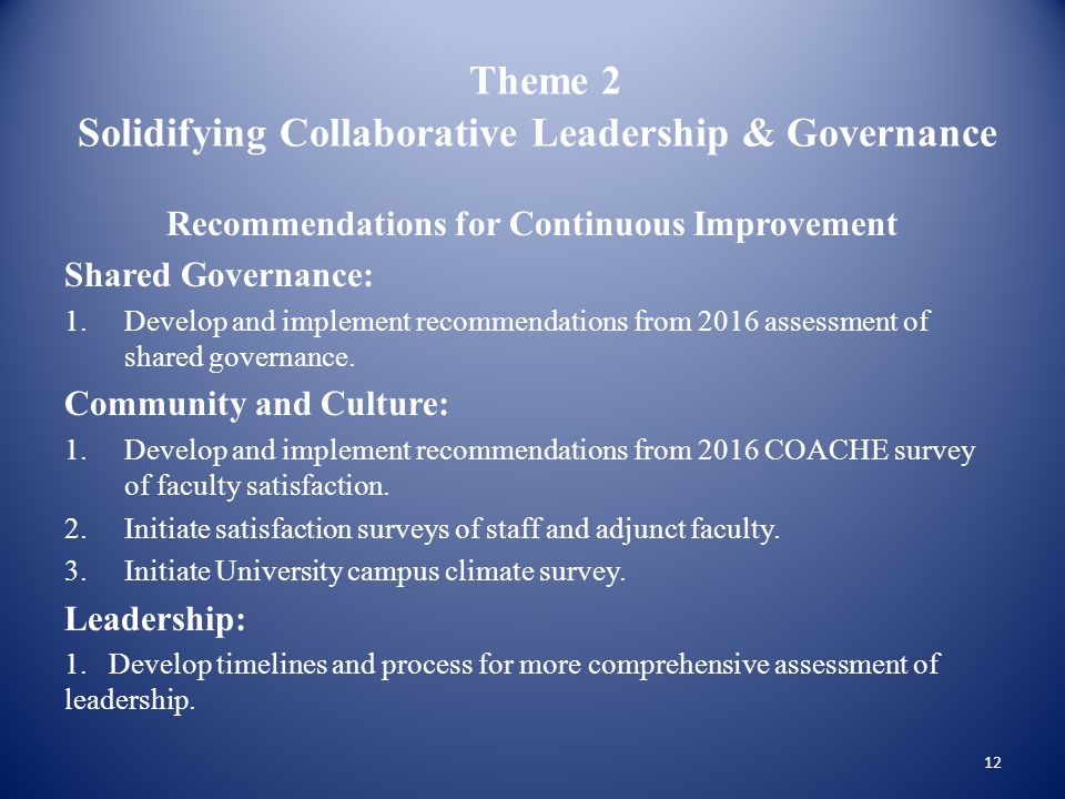Theme 2 Solidifying Collaborative Leadership & Governance Recommendations for Continuous Improvement Shared Governance: 1.Develop and implement recommendations from 2016 assessment of shared governance.