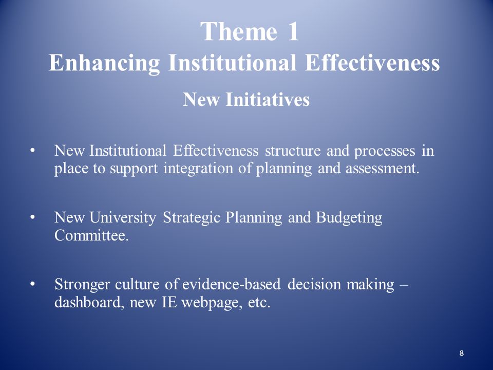 Theme 1 Enhancing Institutional Effectiveness New Initiatives New Institutional Effectiveness structure and processes in place to support integration of planning and assessment.