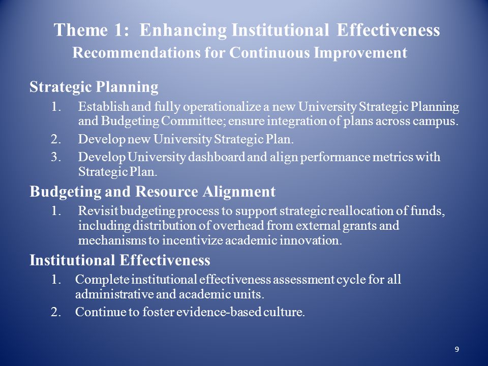 Theme 1: Enhancing Institutional Effectiveness Recommendations for Continuous Improvement Strategic Planning 1.Establish and fully operationalize a new University Strategic Planning and Budgeting Committee; ensure integration of plans across campus.