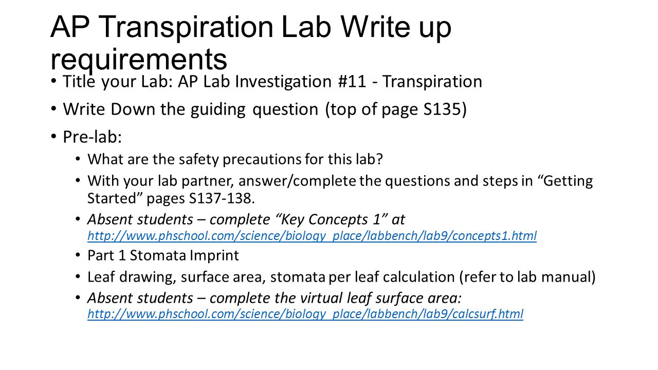 Ap Transpiration Lab Write Up Requirements Title Your Lab Ap Lab