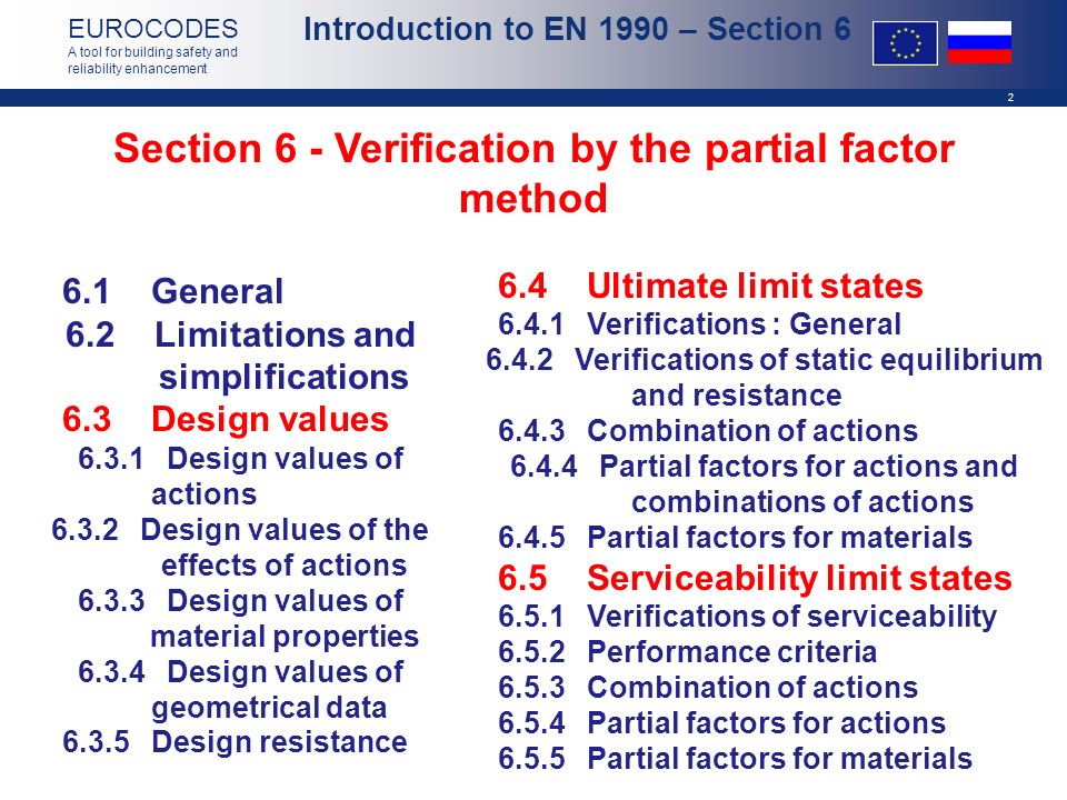 2 EUROCODES A tool for building safety and reliability enhancement Section 6 - Verification by the partial factor method 6.1General 6.2Limitations and simplifications 6.3Design values 6.3.1Design values of actions 6.3.2Design values of the effects of actions 6.3.3Design values of material properties 6.3.4Design values of geometrical data 6.3.5Design resistance 6.4Ultimate limit states 6.4.1Verifications : General 6.4.2Verifications of static equilibrium and resistance 6.4.3Combination of actions 6.4.4Partial factors for actions and combinations of actions 6.4.5Partial factors for materials 6.5Serviceability limit states 6.5.1Verifications of serviceability 6.5.2Performance criteria 6.5.3Combination of actions 6.5.4Partial factors for actions 6.5.5Partial factors for materials Introduction to EN 1990 – Section 6