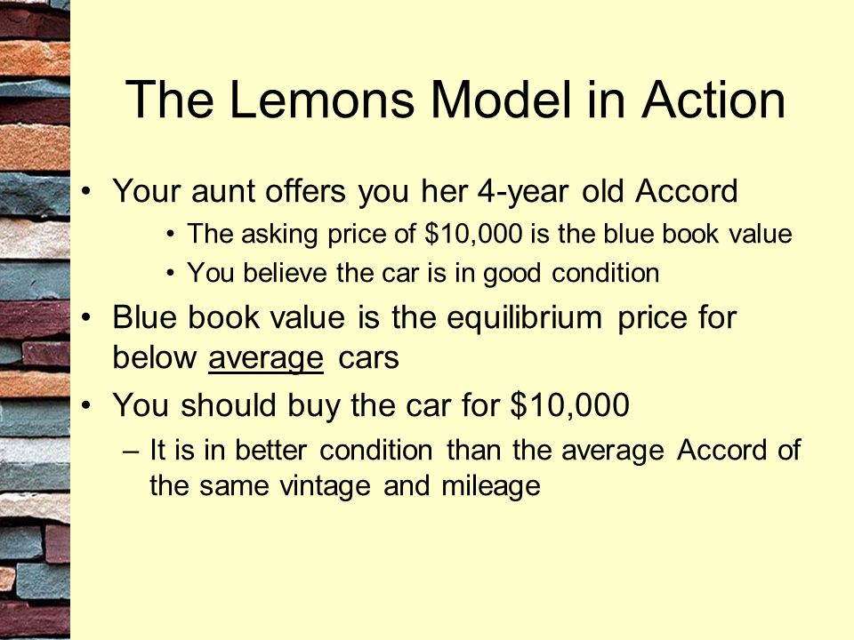 The Lemons Model in Action Your aunt offers you her 4-year old Accord The asking price of $10,000 is the blue book value You believe the car is in good condition Blue book value is the equilibrium price for below average cars You should buy the car for $10,000 –It is in better condition than the average Accord of the same vintage and mileage