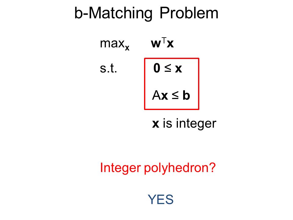 b-Matching Problem max x w T x s.t. 0 ≤ x Ax ≤ b Integer polyhedron YES x is integer