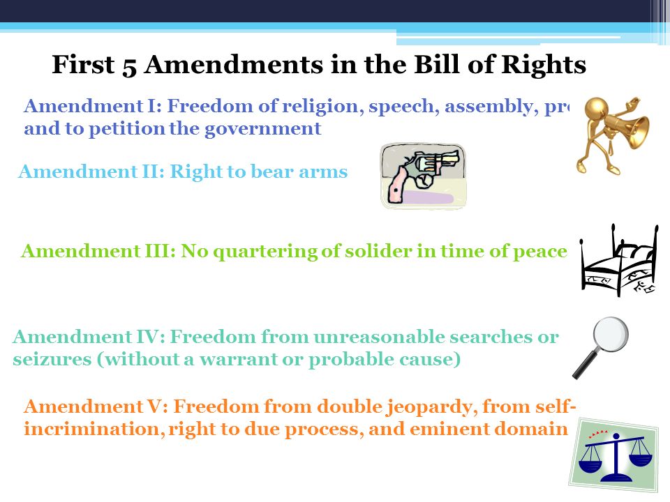 Amendment I: Freedom of religion, speech, assembly, press, and to petition the government Amendment II: Right to bear arms Amendment III: No quartering of solider in time of peace Amendment IV: Freedom from unreasonable searches or seizures (without a warrant or probable cause) Amendment V: Freedom from double jeopardy, from self- incrimination, right to due process, and eminent domain First 5 Amendments in the Bill of Rights