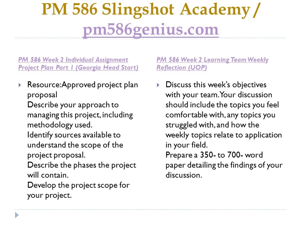 PM 586 Slingshot Academy / pm586genius.com pm586genius.com PM 586 Week 2 Individual Assignment Project Plan Part 1 (Georgia Head Start) PM 586 Week 2 Learning Team Weekly Reflection (UOP)  Resource: Approved project plan proposal Describe your approach to managing this project, including methodology used.