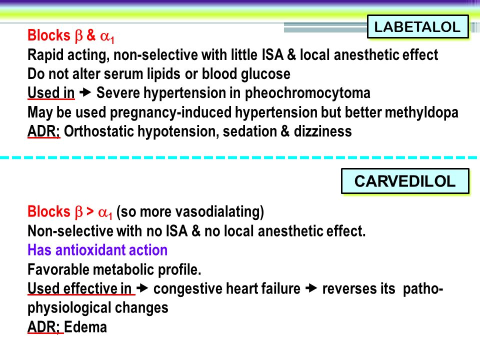 LABETALOL CARVEDILOL Blocks  &  1 Rapid acting, non-selective with little ISA & local anesthetic effect Do not alter serum lipids or blood glucose Used in  Severe hypertension in pheochromocytoma May be used pregnancy-induced hypertension but better methyldopa ADR; Orthostatic hypotension, sedation & dizziness Blocks  >  1 (so more vasodialating) Non-selective with no ISA & no local anesthetic effect.
