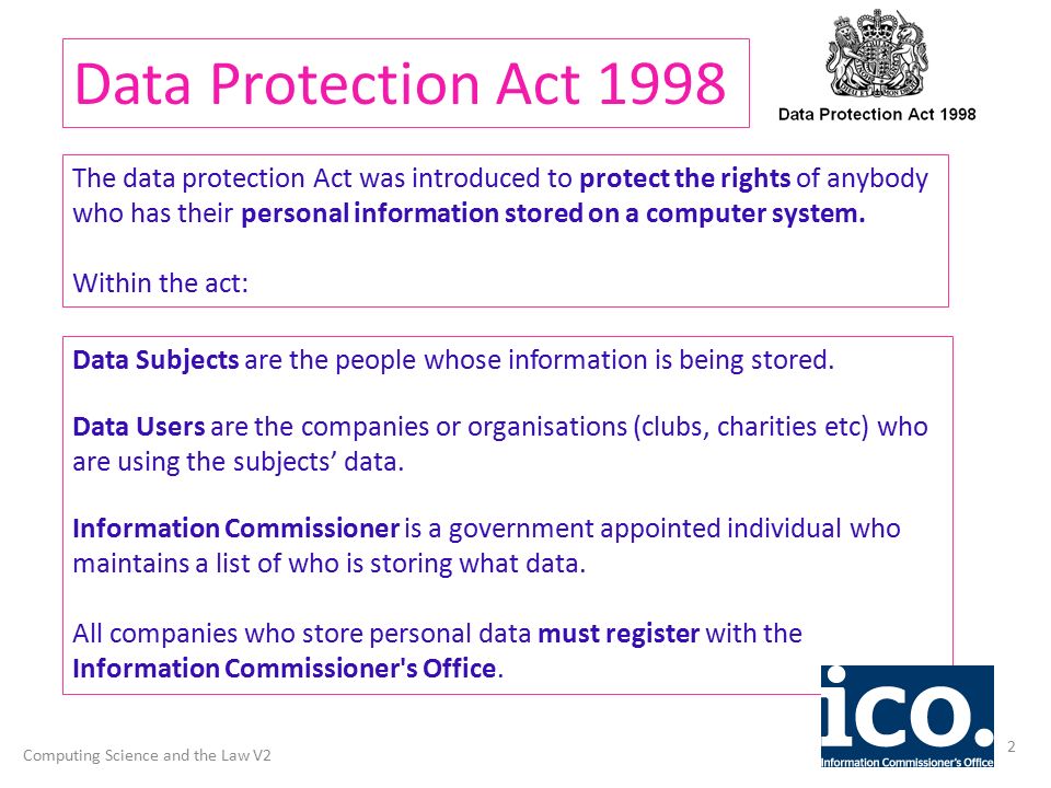 Legal Implications 1 Computing Science and the Law V2 Data Protection Act  Computer Misuse Act Copyright, Designs and Patents Act Communications Act  Health. - ppt download