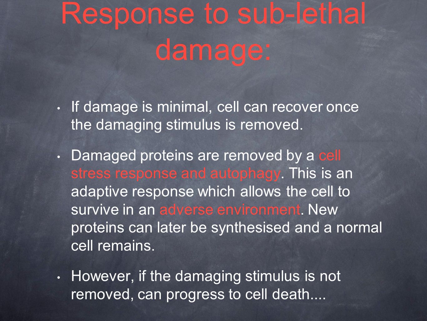 Response to sub-lethal damage: If damage is minimal, cell can recover once the damaging stimulus is removed.