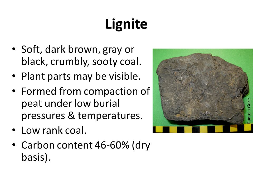 Lignite Soft, dark brown, gray or black, crumbly, sooty coal.
