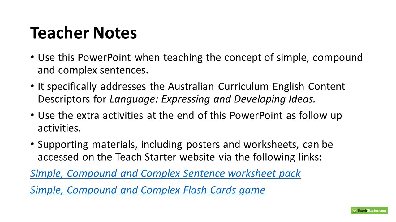 Worksheets Simple Compound And Complex Sentences Worksheet teacher notes use this powerpoint when teaching the concept of simple compound and complex sentences