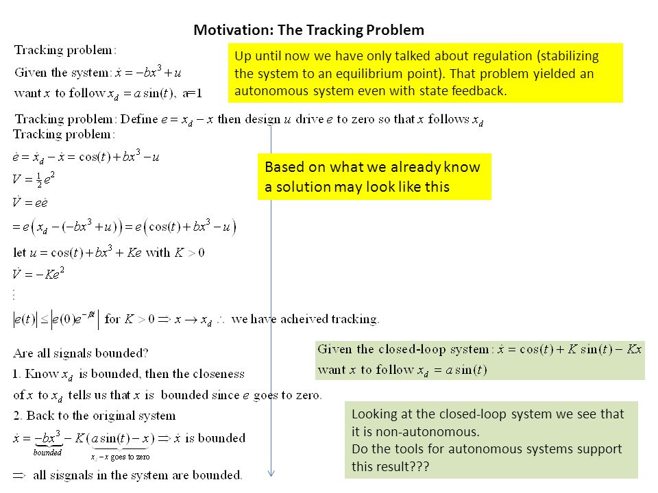 3 Motivation: The Tracking Problem Up until now we have only talked about regulation (stabilizing the system to an equilibrium point).