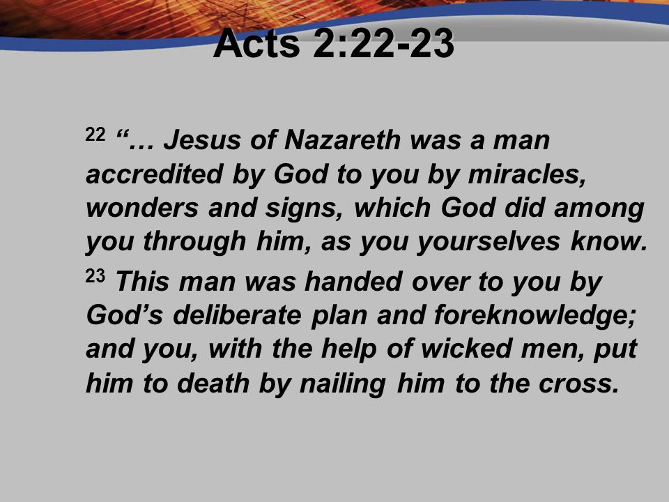 Acts 2: … Jesus of Nazareth was a man accredited by God to you by miracles, wonders and signs, which God did among you through him, as you yourselves know.