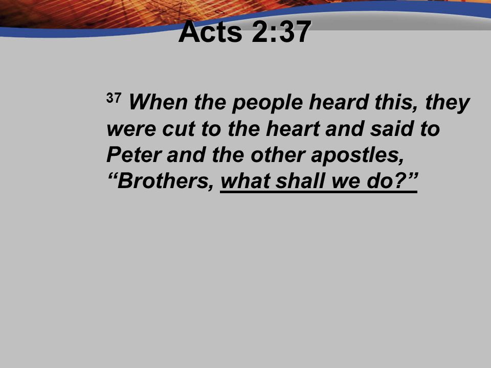 Acts 2:37 37 When the people heard this, they were cut to the heart and said to Peter and the other apostles, Brothers, what shall we do