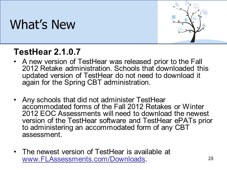 What’s New TestHear A new version of TestHear was released prior to the Fall 2012 Retake administration.