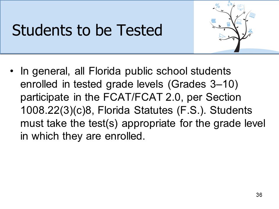 Students to be Tested In general, all Florida public school students enrolled in tested grade levels (Grades 3–10) participate in the FCAT/FCAT 2.0, per Section (3)(c)8, Florida Statutes (F.S.).