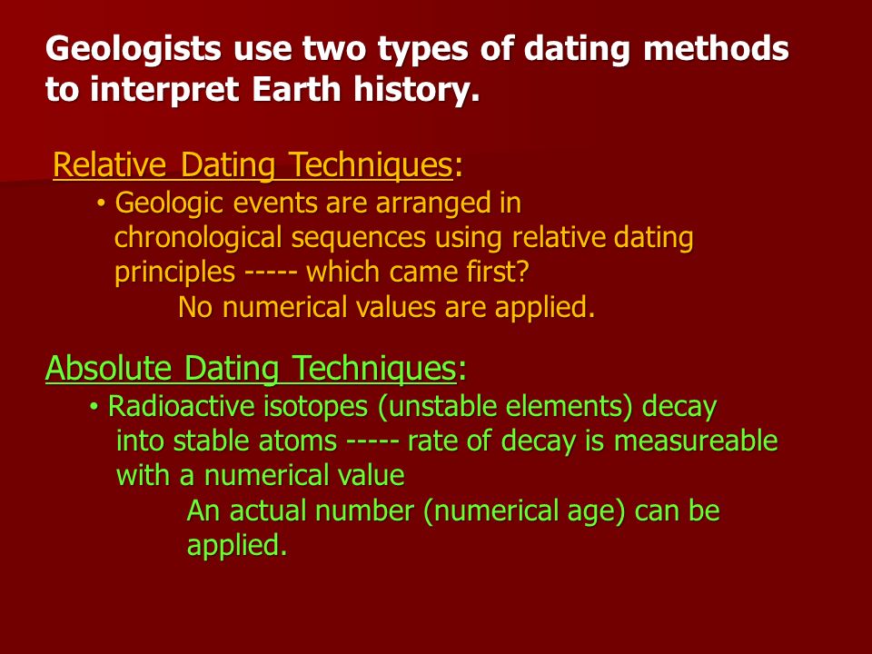 distinguish between relative dating and numerical (absolute) dating of rock formations