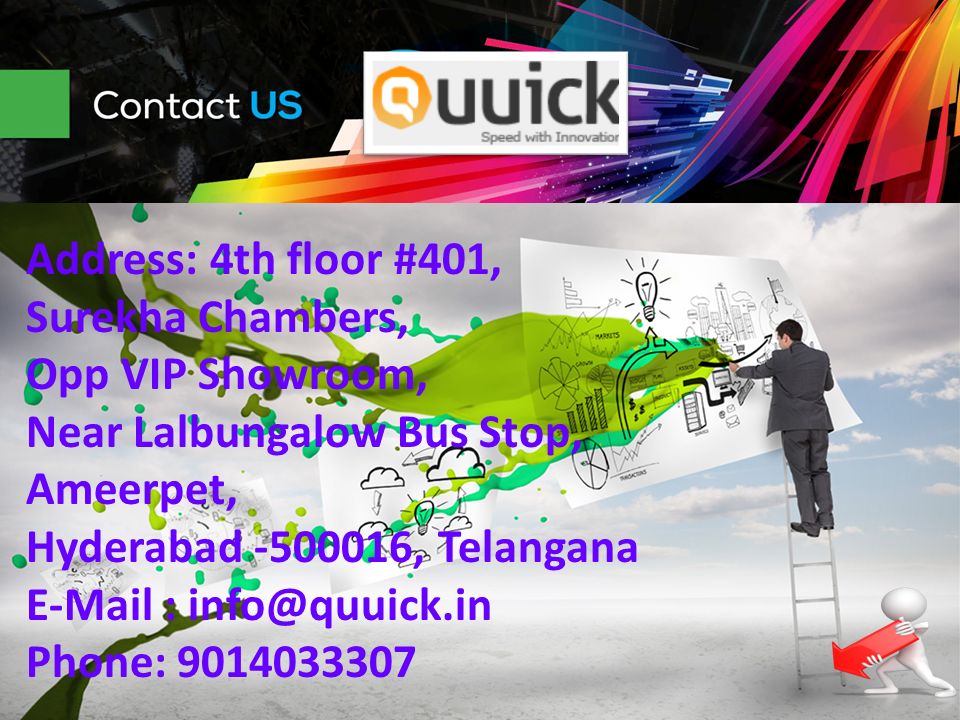 Address: 4th floor #401, Surekha Chambers, Opp VIP Showroom, Near Lalbungalow Bus Stop, Ameerpet, Hyderabad , Telangana   Phone: