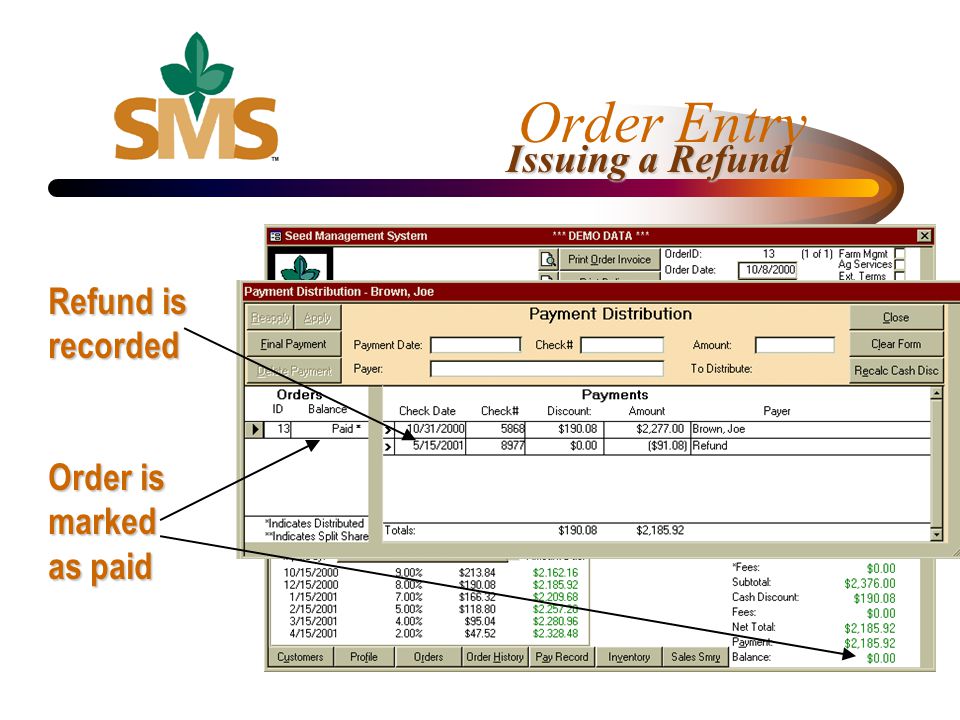 Order Entry Issuing a Refund Refund is recorded Order is marked as paid