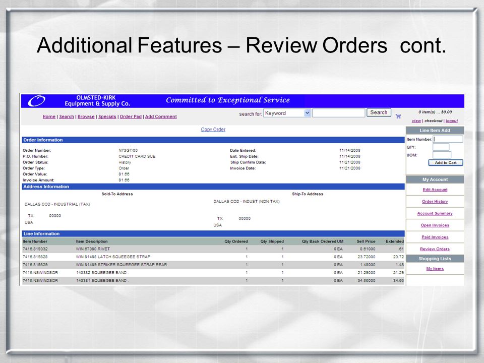 Additional Features – Review Orders cont.