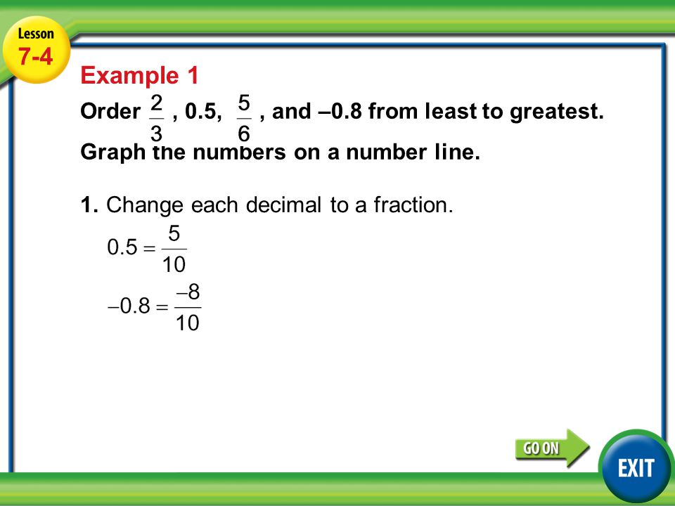 Lesson 4-4 Example Example 1 1.Change each decimal to a fraction.