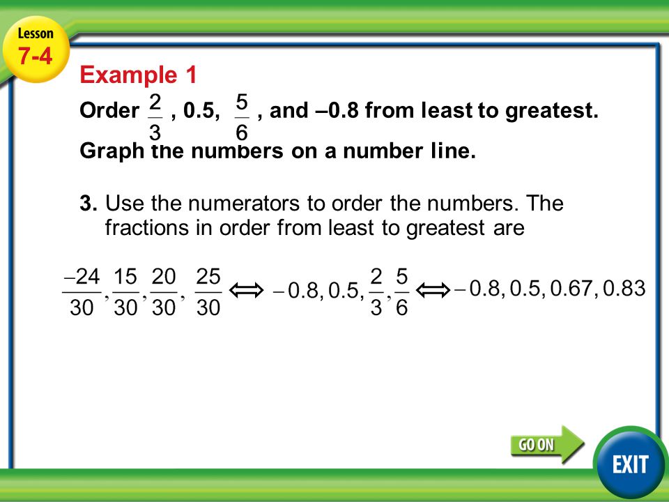 Lesson 4-4 Example Example 1 3.Use the numerators to order the numbers.