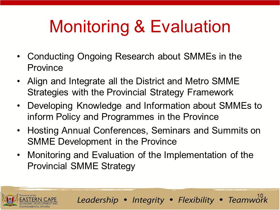 Monitoring & Evaluation Conducting Ongoing Research about SMMEs in the Province Align and Integrate all the District and Metro SMME Strategies with the Provincial Strategy Framework Developing Knowledge and Information about SMMEs to inform Policy and Programmes in the Province Hosting Annual Conferences, Seminars and Summits on SMME Development in the Province Monitoring and Evaluation of the Implementation of the Provincial SMME Strategy 10