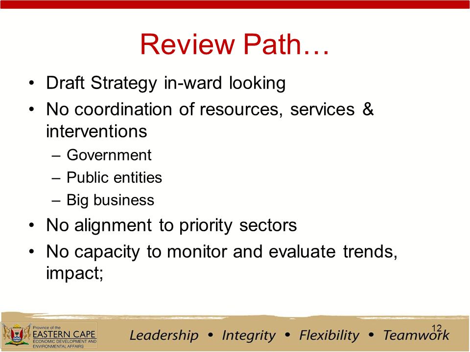Review Path… Draft Strategy in-ward looking No coordination of resources, services & interventions –Government –Public entities –Big business No alignment to priority sectors No capacity to monitor and evaluate trends, impact; 12