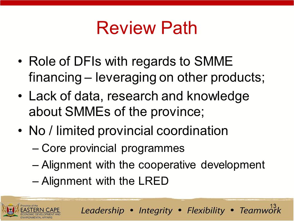 Review Path Role of DFIs with regards to SMME financing – leveraging on other products; Lack of data, research and knowledge about SMMEs of the province; No / limited provincial coordination –Core provincial programmes –Alignment with the cooperative development –Alignment with the LRED 13