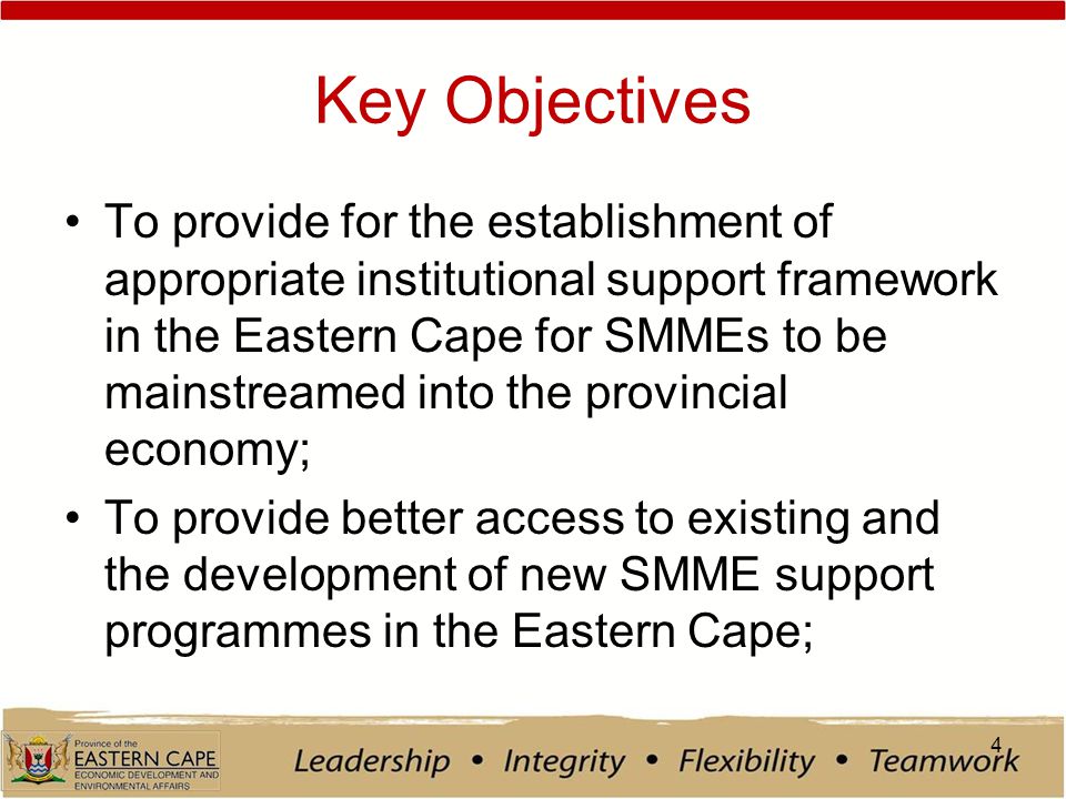 Key Objectives To provide for the establishment of appropriate institutional support framework in the Eastern Cape for SMMEs to be mainstreamed into the provincial economy; To provide better access to existing and the development of new SMME support programmes in the Eastern Cape; 4