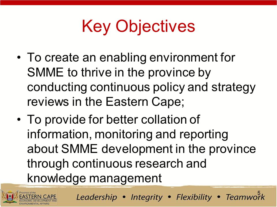 Key Objectives To create an enabling environment for SMME to thrive in the province by conducting continuous policy and strategy reviews in the Eastern Cape; To provide for better collation of information, monitoring and reporting about SMME development in the province through continuous research and knowledge management 5