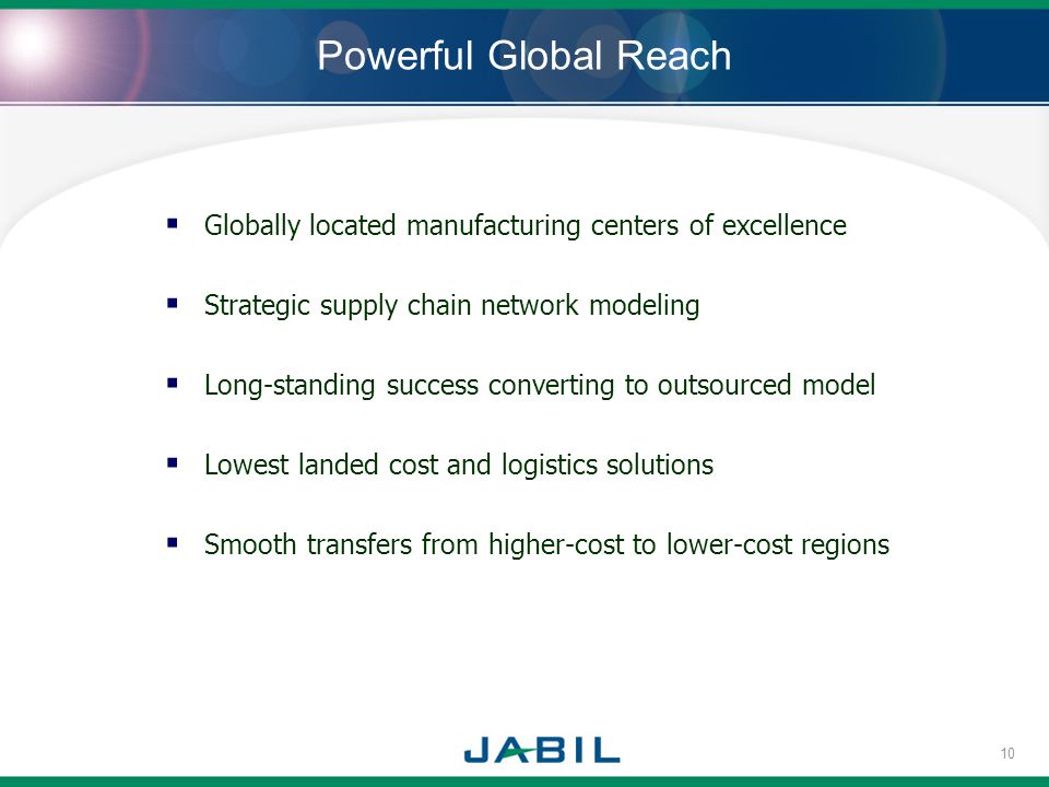 Powerful Global Reach Globally located manufacturing centers of excellence Strategic supply chain network modeling Long-standing success converting to outsourced model Lowest landed cost and logistics solutions Smooth transfers from higher-cost to lower-cost regions 10