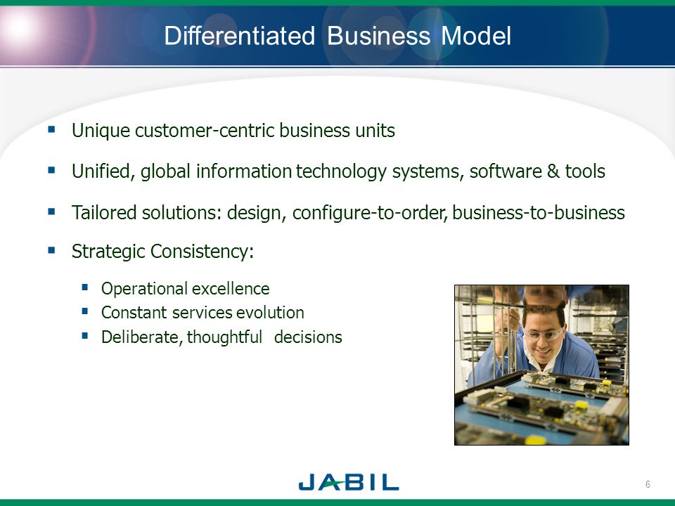 Differentiated Business Model Unique customer-centric business units Unified, global information technology systems, software & tools Tailored solutions: design, configure-to-order, business-to-business Strategic Consistency: Operational excellence Constant services evolution Deliberate, thoughtful decisions 6