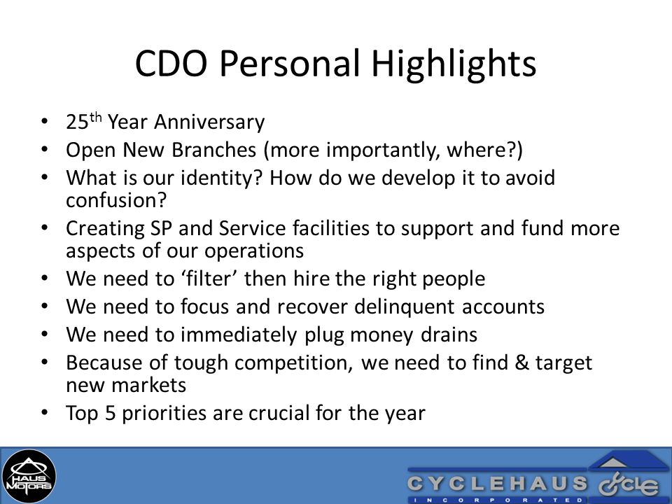 CDO Personal Highlights 25 th Year Anniversary Open New Branches (more importantly, where ) What is our identity.