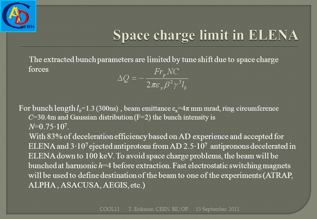 The extracted bunch parameters are limited by tune shift due to space charge forces For bunch length l b =1.3 (300ns), beam emittance ε x =4π mm mrad, ring circumference C=30.4m and Gaussian distribution (F=2) the bunch intensity is N=0.75·10 7.