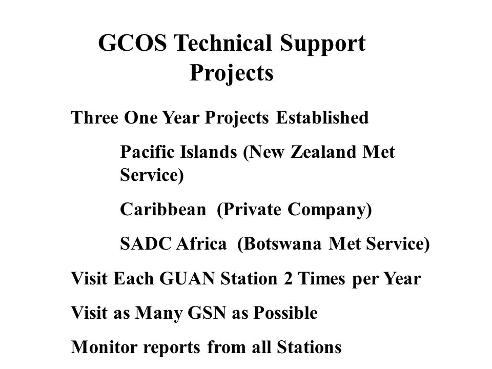 GCOS Technical Support Projects Three One Year Projects Established Pacific Islands (New Zealand Met Service) Caribbean (Private Company) SADC Africa (Botswana Met Service) Visit Each GUAN Station 2 Times per Year Visit as Many GSN as Possible Monitor reports from all Stations