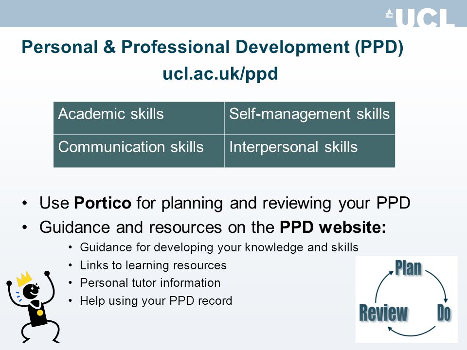 Personal & Professional Development (PPD) Use Portico for planning and reviewing your PPD Guidance and resources on the PPD website: Guidance for developing your knowledge and skills Links to learning resources Personal tutor information Help using your PPD record Academic skillsSelf-management skills Communication skillsInterpersonal skills ucl.ac.uk/ppd