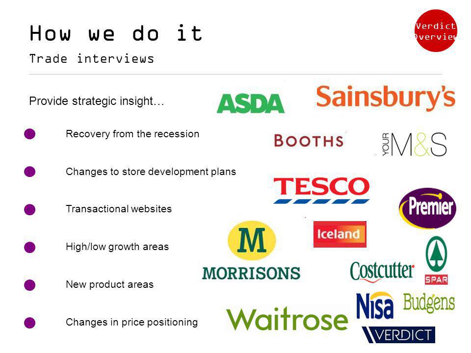 Recovery from the recession Changes to store development plans Transactional websites High/low growth areas New product areas Changes in price positioning Provide strategic insight… How we do it Trade interviews Verdict Overview