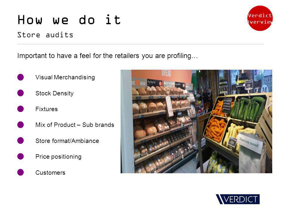 Important to have a feel for the retailers you are profiling… How we do it Store audits Price positioning Visual Merchandising Stock Density Fixtures Mix of Product – Sub brands Store format/Ambiance Customers Verdict Overview
