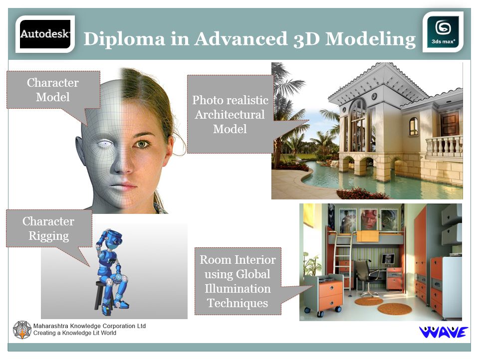 Diploma in Advanced 3D Modeling Character Model Character Rigging Photo realistic Architectural Model Room Interior using Global Illumination Techniques