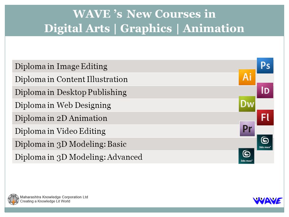 WAVE s New Courses in Digital Arts | Graphics | Animation Diploma in Image Editing Diploma in Content Illustration Diploma in Desktop Publishing Diploma in Web Designing Diploma in 2D Animation Diploma in Video Editing Diploma in 3D Modeling: Basic Diploma in 3D Modeling: Advanced
