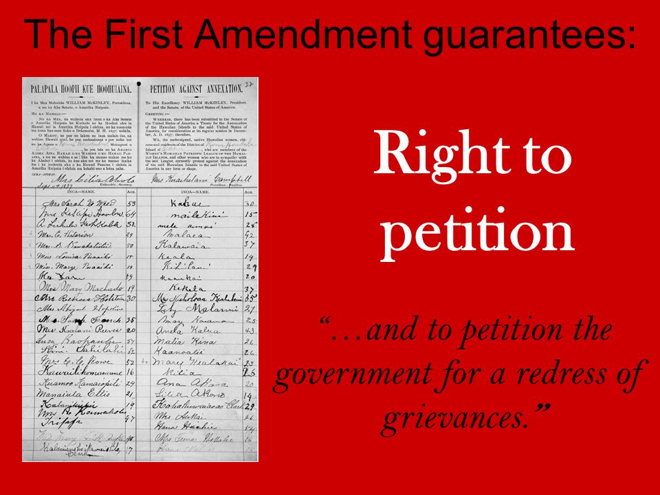 The First Amendment guarantees: Right to petition …and to petition the government for a redress of grievances.