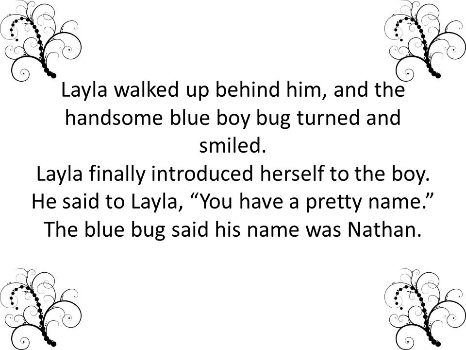 Layla walked up behind him, and the handsome blue boy bug turned and smiled.