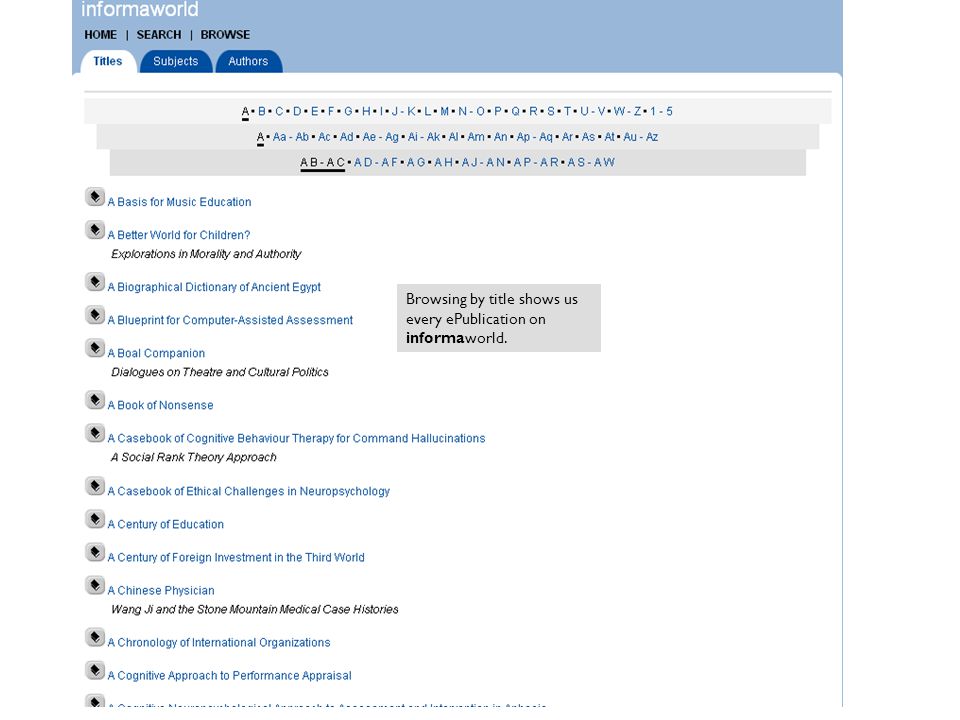 Browsing by title shows us every ePublication on informaworld.