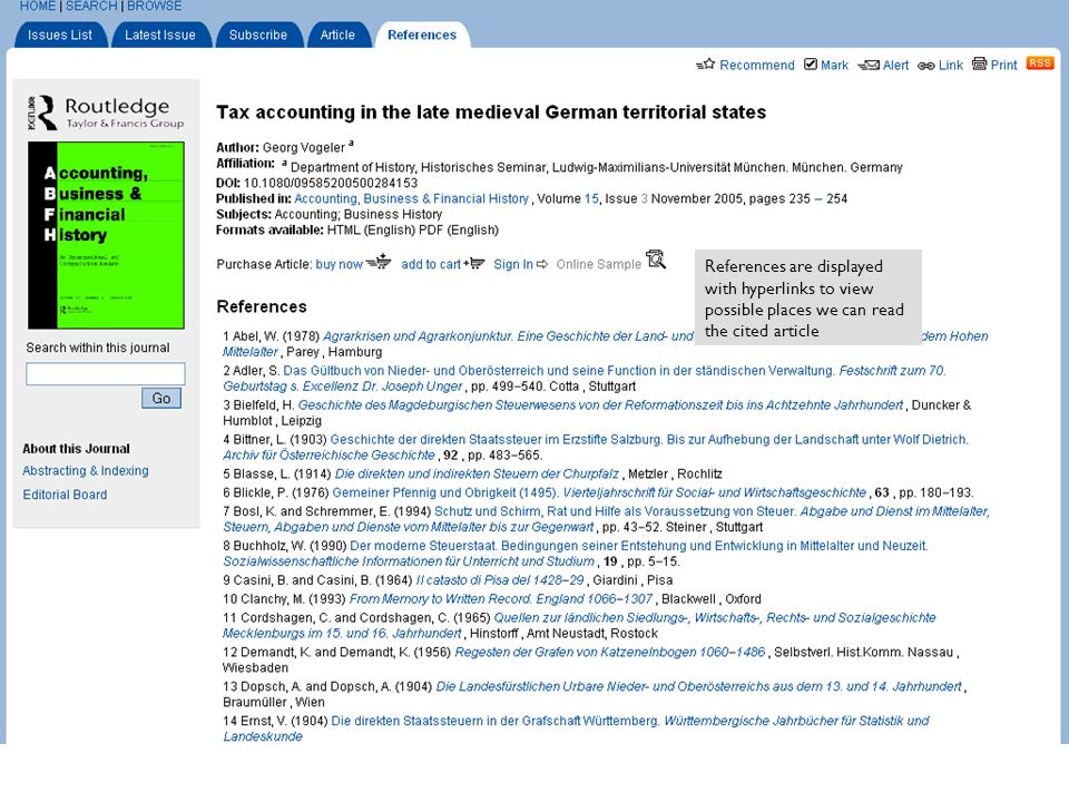 References are displayed with hyperlinks to view possible places we can read the cited article