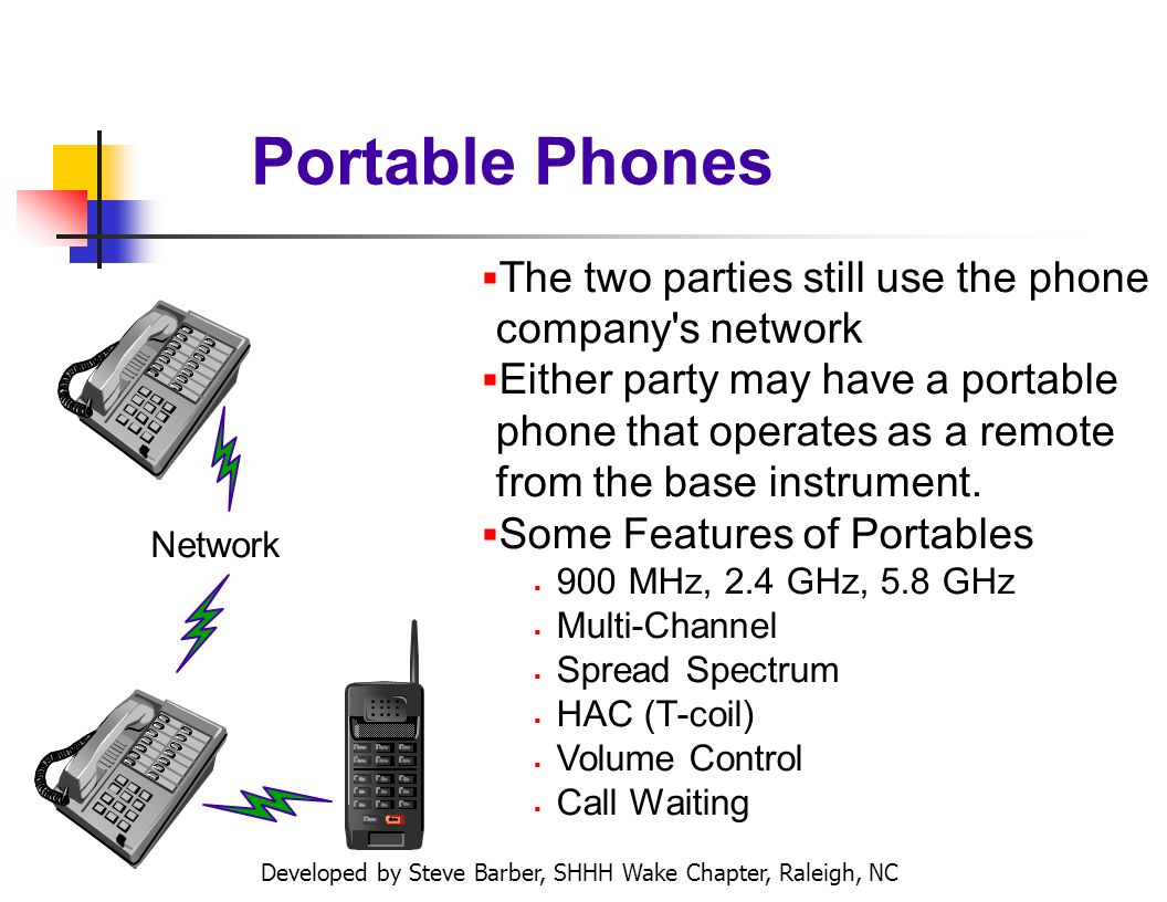 Developed by Steve Barber, SHHH Wake Chapter, Raleigh, NC Portable Phones Network The two parties still use the phone company s network Either party may have a portable phone that operates as a remote from the base instrument.