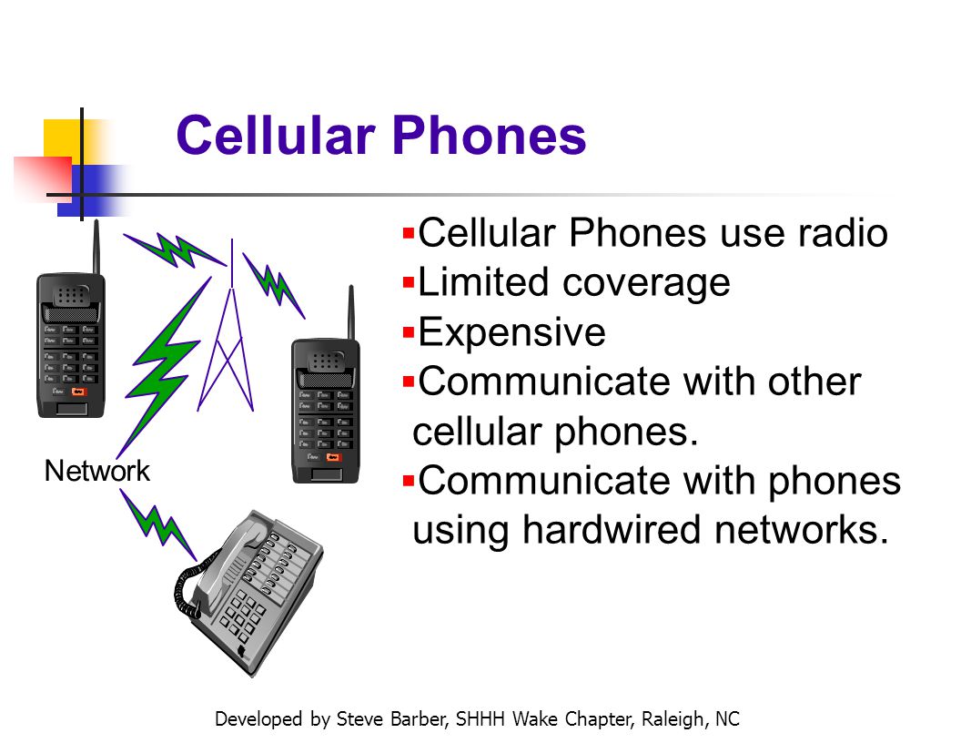 Developed by Steve Barber, SHHH Wake Chapter, Raleigh, NC Cellular Phones Cellular Phones use radio Limited coverage Expensive Communicate with other cellular phones.